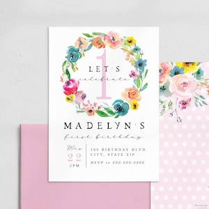 Pink Floral Birthday Invitation Template, Customizable Birthday Party Invitation, Editable Bright Flower Party Digital Invite [id:7237403]