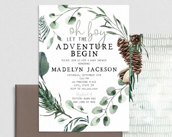 Oh Boy Pine Cone Baby Shower Invitation, Pine Tree Let the Adventure Begin Shower Invite Template, Instant Download [id:4398861,4398983]