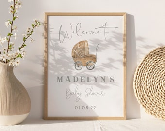 Personalizable Oh Baby Stroller Baby Shower Welcome Sign, Pram Baby Shower Sign, Modern Boho Instant Download Instant Download [id:10579995]
