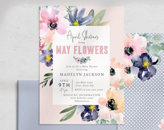 Customizable April Showers Bring May Flowers Baby Shower Invitation Template, Spring Baby Shower Digital Invite, Spring Floral [id:10910383]