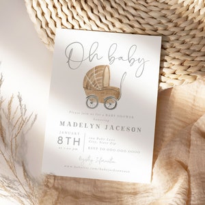 Customizable Oh Baby Neutral Stroller Baby Shower Invitation Template, Pram Baby Shower Digital Invite, Modern Boho Shower  [id:10569611]