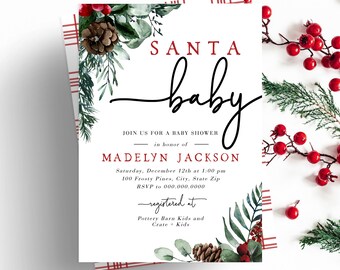 Santa Baby Winter Baby Shower Invitation, December Baby Shower Digital Invite Template, Christmas Greenery Instant Download [id:5179719]