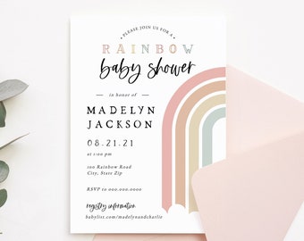 Customizable Modern Rainbow Baby Shower Invitation, Pastel Rainbow Baby Shower Invite Template, Rainbow Baby Instant Download [id:8972635]