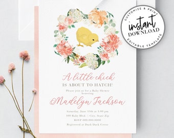 Cute Little Chick Baby Shower Invitation, Baby Girl Baby Shower Invite Template, Instant Download [id:3942453,3944007]