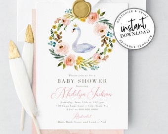 Beautiful Swan Princess Baby Shower Invitation, Watercolor Swan Baby Shower Invite Template, Instant Download [id:3944995,3945008]