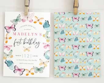 Customizable Butterfly First Birthday Party Invitation Template, Watercolor Butterfly Birthday Invite, Immediate Download [id:11699304]