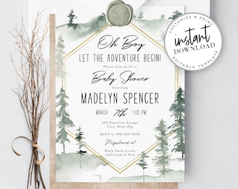 Let the Adventure Begin Pine Tree Baby Shower Invitation, Watercolor Woodland Baby Shower Template, Instant Download [id:3959339,3959355]