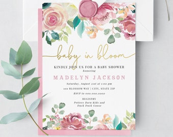 Baby In Bloom Floral Baby Shower Invitation, Watercolor Floral Baby Shower Digital Invite Template, Shower Instant Download [id:5275168]