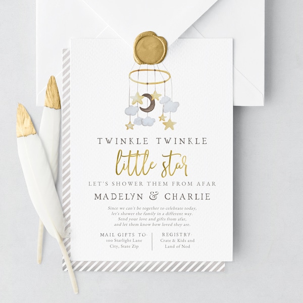 Twinkle Twinkle Little Star Baby Shower By Mail Invitation, Gray and Gold Baby Shower Digital Invite Template, Instant Download [id:5853054]