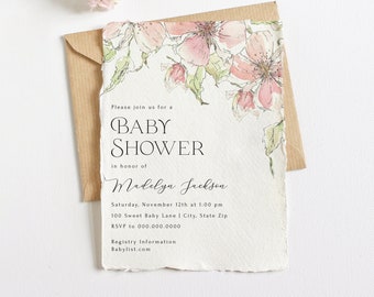 Customizable Watercolor Floral Baby Shower Invitation Template, Cherry Blossom Baby Shower Digital Invite, Immediate Download [id:16853661