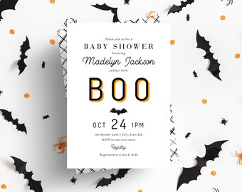 Halloween Baby Shower Invitation,  Little Boo Baby Shower Digital Invite Template, Black and White Baby Shower Instant Download [id:5139110]