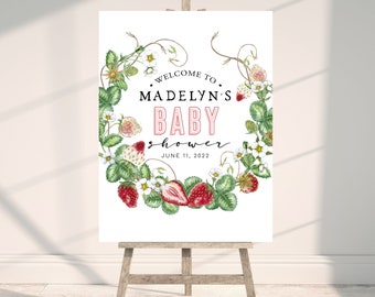 Customizable Berry Sweet Baby Shower Welcome Sign Template, Strawberry Baby Shower Sign, Summer Baby Shower Instant Download [id:12805164]