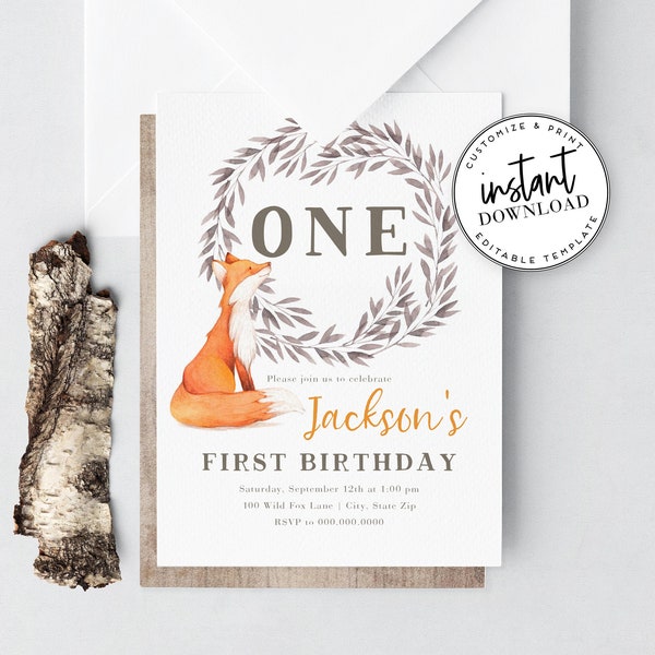 Woodland Fox Birthday Party Invitation, Little Fox First Birthday Invite Template, Woodland Birthday Instant Download [id:4324268,4324274]
