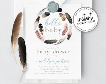 Watercolor Feather Wreath Baby Shower Invitation, Bird Baby Shower Invite Template, About to Hatch Instant Download [id:4303612,4303631]