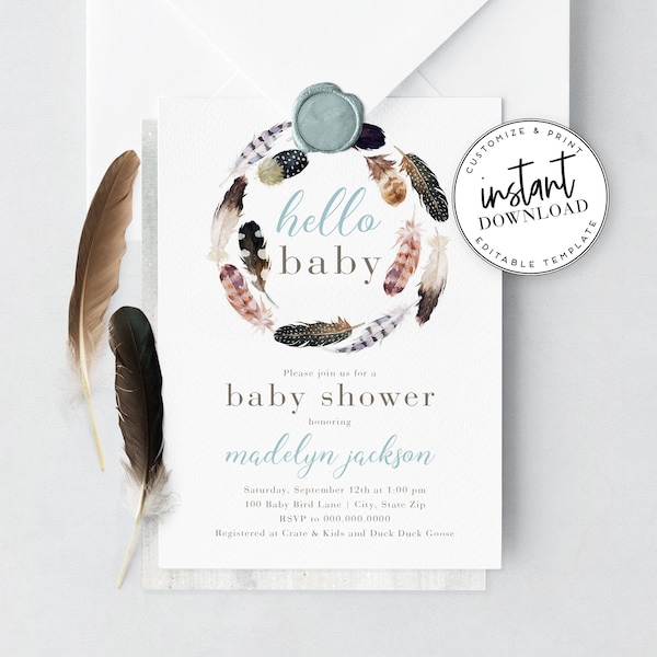 Watercolor Feather Wreath Baby Shower Invitation, Bird Baby Shower Invite Template, About to Hatch Instant Download [id:4303612,4303631]