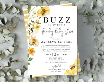 Bee Drive By Baby Shower Invitation, Little Honey Baby Shower Digital Invite Template, Sweet as Can Bee Shower Instant Download [id:5156331]