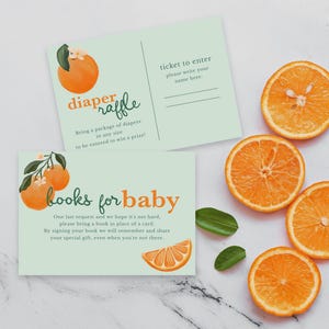 Paquete de solicitud de libro para baby shower "Little Cutie" y rifa de pañales, tarjetas naranjas para baby shower, descarga instantánea [id:32483340]