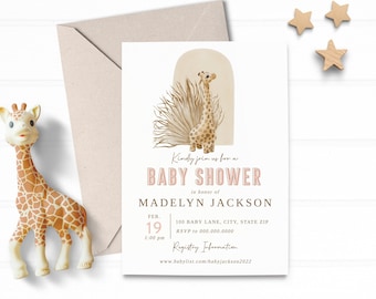 Customizable Boho Giraffe Baby Shower Invitation Template, Little Giraffe Baby Shower Digital Invite, Boho Safari Shower [id:10686957]