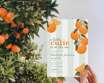 Little Cutie Baby Shower Invitation, Orange Baby Shower Digital Invite Template, Summer Citrus Baby Shower Instant Download [id:32477353]