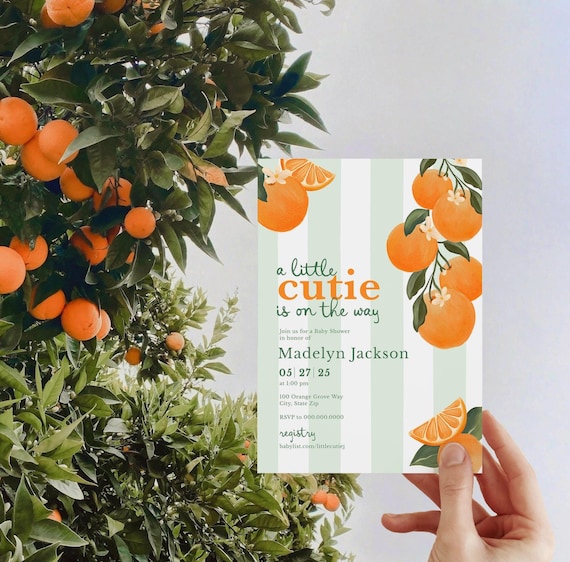 Little Cutie Baby Shower Invitation, Orange Baby Shower Digital Invite Template, Summer Citrus Baby Shower Instant Download [id:32477353]