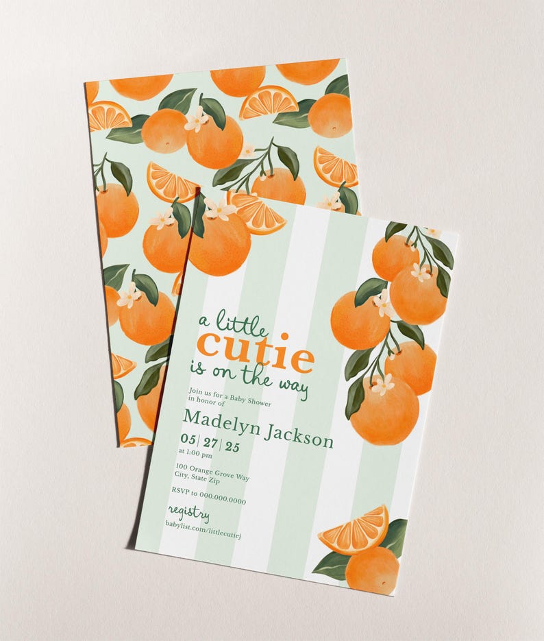 Little Cutie Baby Shower Invitation, Orange Baby Shower Digital Invite Template, Summer Citrus Baby Shower Instant Download [id:32477353] image 6