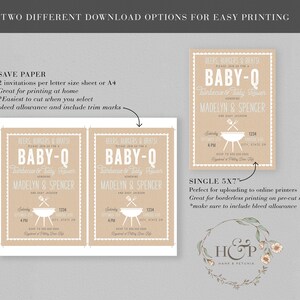 Puede incluir: Dos dise&ntilde;os imprimibles para una invitaci&oacute;n de baby shower. El dise&ntilde;o presenta un fondo marr&oacute;n con texto blanco que dice "BEERS, BURGERS & BRATS! PLEASE JOIN US FOR A BABY-Q BARBEQUE & BABY SHOWER HONORING MADELYN & SPENCER AND BABY JACKSON" con un gr&aacute;fico de parrilla. El texto "SINGLE 5X7" tambi&eacute;n se incluye con instrucciones de impresi&oacute;n.