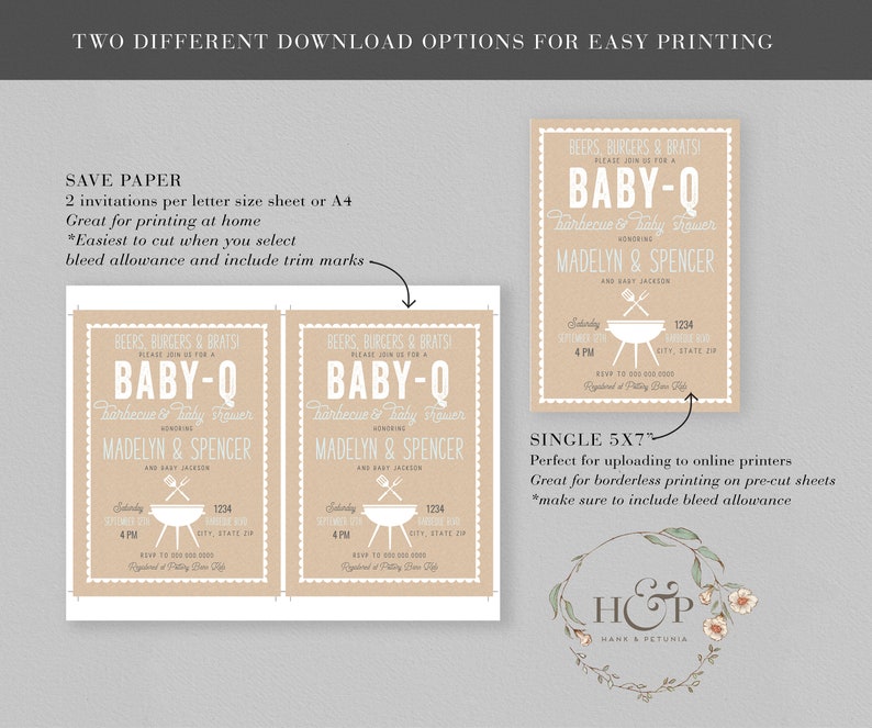 Puede incluir: Dos dise&ntilde;os imprimibles para una invitaci&oacute;n de baby shower. El dise&ntilde;o presenta un fondo marr&oacute;n con texto blanco que dice "BEERS, BURGERS & BRATS! PLEASE JOIN US FOR A BABY-Q BARBEQUE & BABY SHOWER HONORING MADELYN & SPENCER AND BABY JACKSON" con un gr&aacute;fico de parrilla. El texto "SINGLE 5X7" tambi&eacute;n se incluye con instrucciones de impresi&oacute;n.