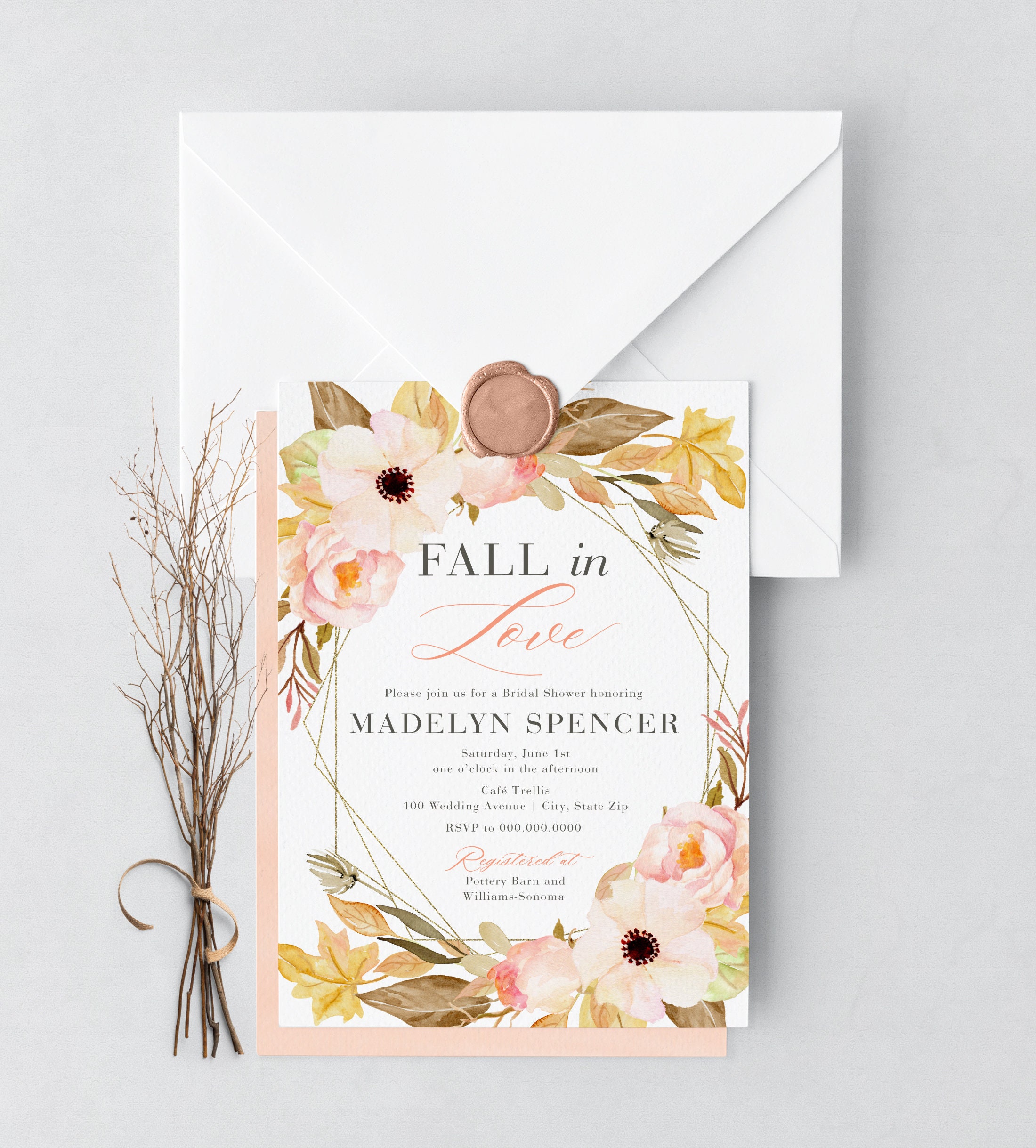 Boho Watercolor Fall Bridal Shower Invitation In Love Autumn Bridal Shower Invite Envelope Liner 1