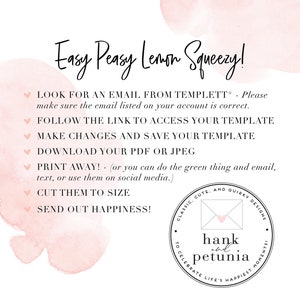 May include: White background with pink watercolor accents and black text that reads "Easy Peasy Lemon Squeezy!". Instructions for accessing and using a template are listed below the title. A logo is in the bottom right corner.