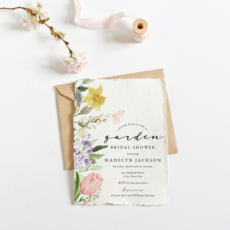 Spring Tulip and Daffodil Garden Bridal Shower Invitations, Floral Bee and Butterfly Bridal Shower Invites, Instant Download id:5978803 image 4