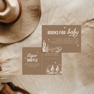 Paquete de solicitud de libro para baby shower de "Pequeño Vaquero" y rifa de pañales, tarjeta de inserción para baby shower de temática country western, plantilla para baby shower de rodeo [id:32697112]