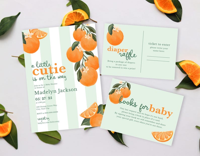 Little Cutie Baby Shower Invitation, Orange Baby Shower Digital Invite Template, Summer Citrus Baby Shower Instant Download [id:32477353] image 3