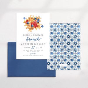 Invitación para brunch de despedida de soltera, plantilla digital para desayuno de despedida de soltera, waffles y frutos rojos, descarga instantánea [id:4406591,4406784]