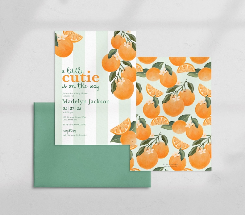 Little Cutie Baby Shower Invitation, Orange Baby Shower Digital Invite Template, Summer Citrus Baby Shower Instant Download [id:32477353] image 2