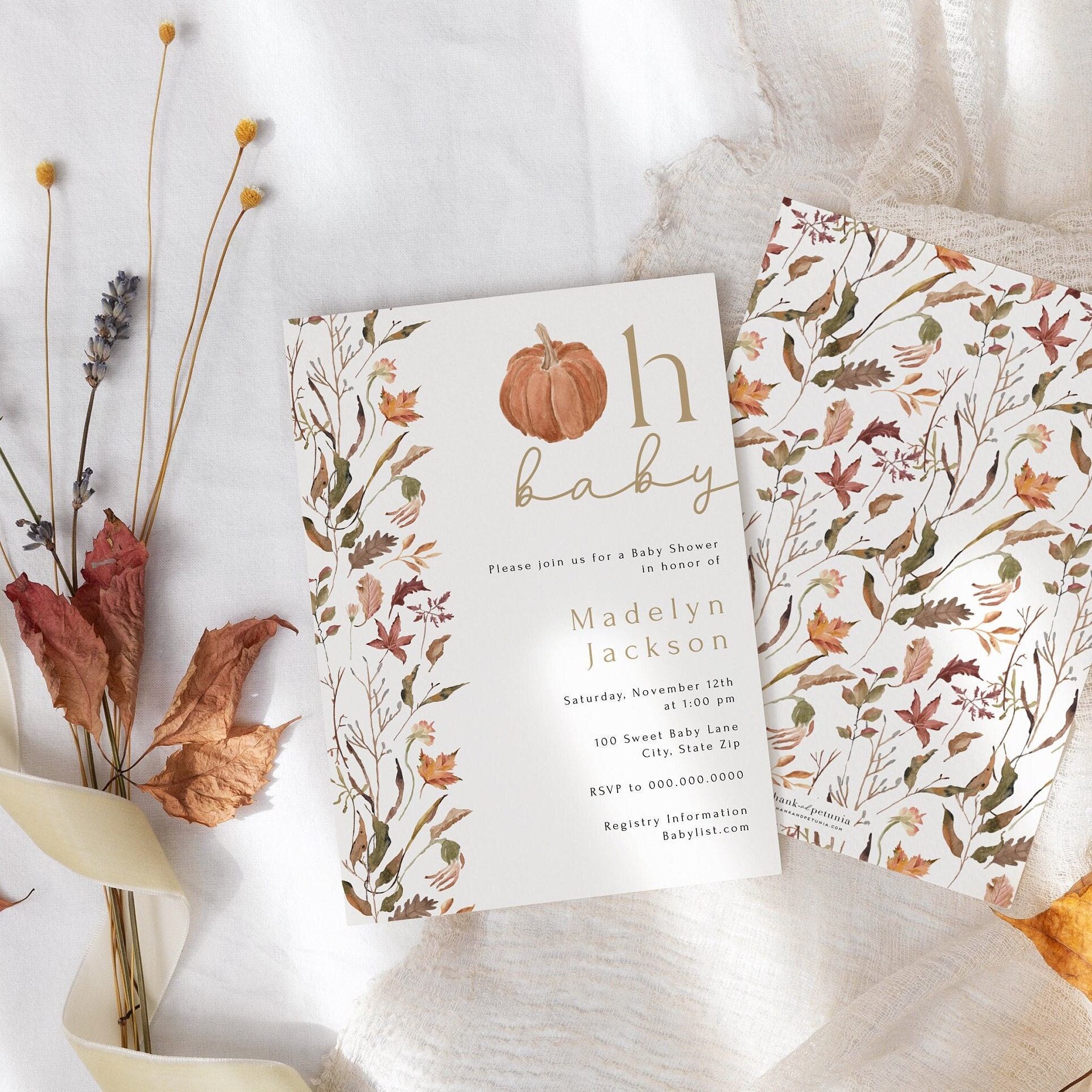 Customizable Pumpkin Fall Baby Shower Invitation Template, Autumn Baby Shower Invites Girl, Oh Baby Immediate Download [id:16870589]