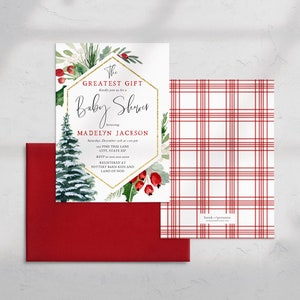 Peut inclure: Une invitation de f&ecirc;te pr&eacute;natale blanche avec un cadre g&eacute;om&eacute;trique dor&eacute; et des illustrations &agrave; l'aquarelle d'un pin, de baies de houx et de verdure. Le texte indique "The Greatest Gift" et "Baby Shower" en l'honneur de "Madelyn Jackson".