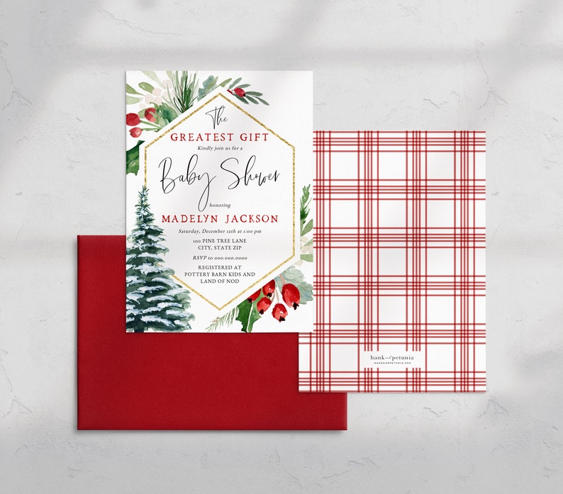 Peut inclure: Une invitation de f&ecirc;te pr&eacute;natale blanche avec un cadre g&eacute;om&eacute;trique dor&eacute; et des illustrations &agrave; l'aquarelle d'un pin, de baies de houx et de verdure. Le texte indique "The Greatest Gift" et "Baby Shower" en l'honneur de "Madelyn Jackson".