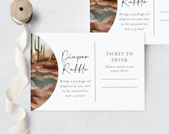 Tarjeta de inserción de rifa de pañales de baby shower de paisaje del desierto personalizable, plantilla de rifa de pañales de cactus, descarga instantánea de Boho [id:10507642]