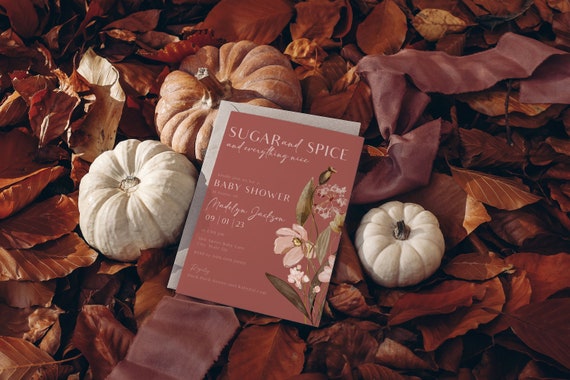 Customizable Sugar and Spice Baby Shower Invitation Template, Fall Floral Little Girl Baby Shower Invites, Immediate Download [id:22517093]