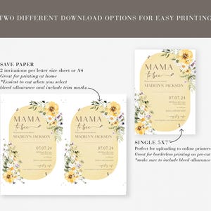 Op de afbeelding: Twee printbare ontwerpen voor een babyshower-uitnodiging. Het ontwerp bevat een gele en witte bloemenkrans met de tekst "Mama to bee" en een bij-illustratie. De uitnodiging bevat de naam "Madelyn Jackson" en de datum "07.07.24".