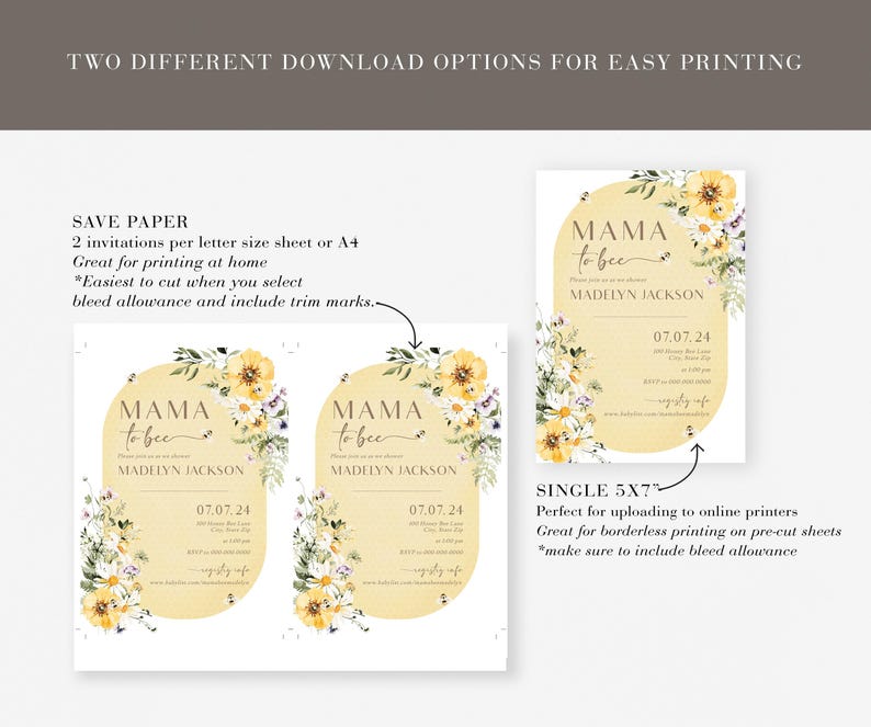 Op de afbeelding: Twee printbare ontwerpen voor een babyshower-uitnodiging. Het ontwerp bevat een gele en witte bloemenkrans met de tekst "Mama to bee" en een bij-illustratie. De uitnodiging bevat de naam "Madelyn Jackson" en de datum "07.07.24".