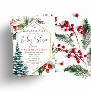Peut inclure: Une invitation de f&ecirc;te pr&eacute;natale sur le th&egrave;me de No&euml;l avec un cadre g&eacute;om&eacute;trique dor&eacute; et blanc. L'invitation pr&eacute;sente une illustration aquarelle d'un pin enneig&eacute;, du houx et des baies rouges. Le texte indique "Le plus beau cadeau" et "Baby Shower" en l'honneur de "Madelyn Jackson".