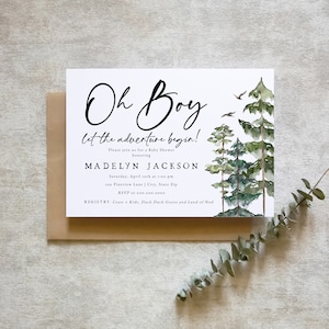 May include: A white baby shower invitation with green watercolour trees and the text "Oh Boy let the adventure begin!"  Please join us for a Baby Shower honouring MADELYN JACKSON Saturday, April 10th at 1:00 pm 100 Pineview Lane | City, State Zip RSVP to 000.000.0000 REGISTRY - Crate + Kids, Duck Duck Goose and Land of Nod