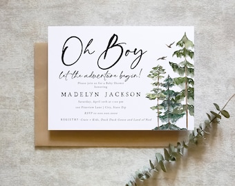 Oh Boy Let the Adventure Begin Baby Shower Invitation Template, Woodland Pine Tree Forest Baby Shower Digital Invite [id:6663304]