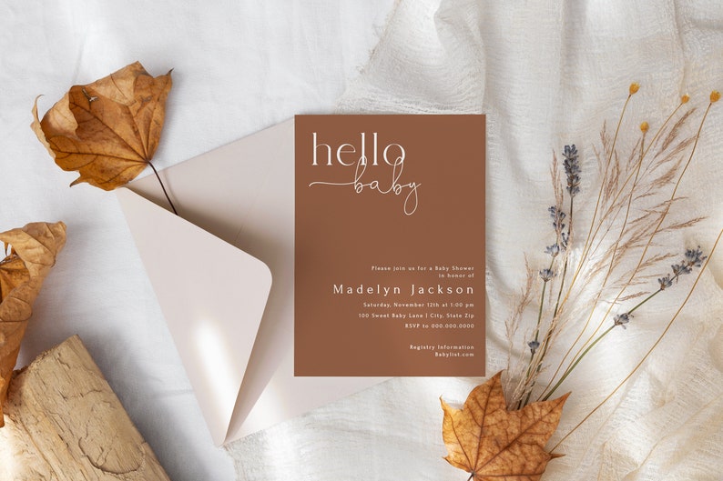 Customizable Hello Baby Fall Baby Shower Invitation Template, Burnt Orange Baby Shower Digital Invite, Modern Minimal Shower id:16850427 image 3