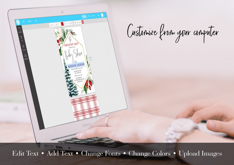 Peut inclure: Un &eacute;cran d'ordinateur affichant un mod&egrave;le d'invitation de f&ecirc;te pr&eacute;natale personnalisable sur le th&egrave;me de l'hiver. L'invitation pr&eacute;sente une illustration aquarelle d'un pin, de baies de houx et d'un cadre g&eacute;om&eacute;trique dor&eacute;. Le texte sur l'invitation indique "Greatest Gift Baby Shower" et "Madelyn Jackson".