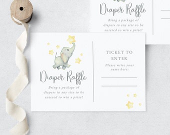 Customizable Little Elephant Baby Shower Diaper Raffle Ticket, Gender Neutral Diaper Raffle Insert Card Template, Download  [id:10604485]