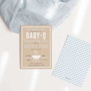 Puede incluir: Una invitaci&oacute;n marr&oacute;n con texto blanco para un baby shower. La invitaci&oacute;n dice "BEERS, BURGERS & BRATS! PLEASE JOIN US FOR A BABY-Q Barbecue & Baby Shower HONORING MADELYN & SPENCER AND BABY JACKSON Saturday, September 10, 4 PM 1234 CITY, STATE ZIP RSVP TO 000 000 0000 Registered of Pitting Bira Res"