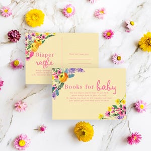 Pedido de livro para chá de bebê Baby in Bloom e sorteio de fraldas, cartões para chá de bebê com flores silvestres, modelo para chá de bebê no jardim [id:32642355]