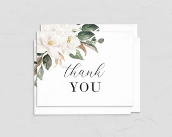 White Magnolia Bridal Shower Coordinating A2 Folded Thank You Card Template, Customizable Note Card Instant Download [id:6582332]